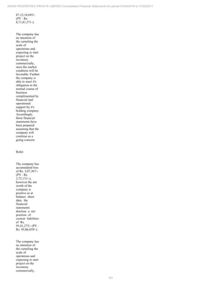 191
ADANI PROPERTIES PRIVATE LIMITED Consolidated Financial Statements for period 01/04/2016 to 31/03/2017
87,12,18,695/-
(PY : Rs.
8,71,81,571-).
The company has
no intention of
the curtailing the
scale of
operations and
expecting to start
project on the
inventory
commercially,
once the market
condition will be
favorable. Further
the company is
able to meet it's
obligation in the
normal course of
business
complimented by
financial and
operational
support by it's
holding company.
Accordingly,
these financial
statements have
been prepared
assuming that the
company will
continue as a
going concern.
Rohit
The company has
accumulated loss
of Rs. 3,07,367/-
(PY : Rs.
2,72,131/-),
however the net
worth of the
company is
positive as at
balance sheet
date, the
financial
statements
disclose a net
position of
current liabilities
of Rs.
95,41,275/- (PY :
Rs. 95,06,039/-).
The company has
no intention of
the curtailing the
scale of
operations and
expecting to start
project on the
inventory
commercially,
 