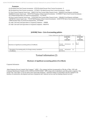 20
ADANI PROPERTIES PRIVATE LIMITED Consolidated Financial Statements for period 01/04/2016 to 31/03/2017
Footnotes
(A) Dividend from Non Current investments : 42250 Dividend Income from Current Investments : 0
(B) Dividend from Non Current investments : 333704211 Dividend Income from Current Investments : 434568
(C) Non Current Financial Asset-Loan : -3049531545 Non Current Other Fiancial Assets : 24049582 Fixed Deposit with Bank :
362406272 Current Asset-Loan : 1445397242 Purchase of Non Current Investments : -6156888357 Sale of non Current Investments :
937154500 PurchaseSale of Current Investments(Net) : -373748391
(D) Non Current Financial Asset-Loan : -7107632858 Non Current Other Fiancial Assets : 19064965 Fixed Deposit with Bank :
-268708742 Current Asset-Loan : -7323297499 Purchase of Non Current Investments : -6638578799 Sale of non Current Investments :
15000 PurchaseSale of Current Investments(Net) : 201584898
(E) Add: Cash and Cash Equivalents of Acquired Companies : -500000
(F) Add: Cash and Cash Equivalents of Acquired Companies : 40645918
[610100] Notes - List of accounting policies
Unless otherwise specified, all monetary values are in INR
01/04/2016
to
31/03/2017
01/04/2015
to
31/03/2016
Disclosure of significant accounting policies [TextBlock]
Textual information (2)
[See below]
A s
Below
Description of accounting policy for foreign currency translation
[TextBlock]
Textual information (3)
[See below]
Textual information (2)
Disclosure of significant accounting policies [Text Block]
Corporate Information
Adani Properties Private Limited (“the Company” ‘APPL’). The company had been incorporated on 25th day of May, 1995 with
Corporate Identification Number (CIN) U45201GJ1995PTC026067. APPL along with its subsidiaries and other group companies (“the
Group”) has main object to let-out and/or lease immovable properties, wholesale trading of commodities and also engaged in the
business of construction, development and lease of properties and financial services and non banking financial services.
 