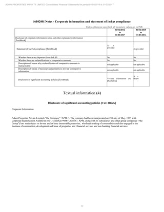22
ADANI PROPERTIES PRIVATE LIMITED Consolidated Financial Statements for period 01/04/2016 to 31/03/2017
[610200] Notes - Corporate information and statement of IndAs compliance
Unless otherwise specified, all monetary values are in INR
01/04/2016
to
31/03/2017
01/04/2015
to
31/03/2016
Disclosure of corporate information notes and other explanatory information
[TextBlock]
Statement of Ind AS compliance [TextBlock]
A s
provided
As provided
Whether there is any departure from Ind AS No No
Whether there are reclassifications to comparative amounts No No
Description of reason why reclassification of comparative amounts is
impracticable
not applicable not applicable
Description of nature of necessary adjustments to provide comparative
information
not applicable not applicable
Disclosure of significant accounting policies [TextBlock]
Textual information (4)
[See below]
A s
Below
Textual information (4)
Disclosure of significant accounting policies [Text Block]
Corporate Information
Adani Properties Private Limited (“the Company” ‘APPL’). The company had been incorporated on 25th day of May, 1995 with
Corporate Identification Number (CIN) U45201GJ1995PTC026067. APPL along with its subsidiaries and other group companies (“the
Group”) has main object to let-out and/or lease immovable properties, wholesale trading of commodities and also engaged in the
business of construction, development and lease of properties and financial services and non banking financial services.
 