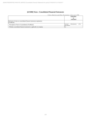 223
ADANI PROPERTIES PRIVATE LIMITED Consolidated Financial Statements for period 01/04/2016 to 31/03/2017
[613400] Notes - Consolidated Financial Statements
Unless otherwise specified, all monetary values are in INR
01/04/2016
to
31/03/2017
Disclosure of notes on consolidated financial statements explanatory
[TextBlock]
Description of basis of consolidation [TextBlock]
Textual information (22)
[See below]
Whether consolidated financial statements is applicable on company No
 