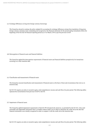 262
ADANI PROPERTIES PRIVATE LIMITED Consolidated Financial Statements for period 01/04/2016 to 31/03/2017
(c) Exchange differences on long term foreign currency borrowings
The Group has elected to continue the policy adopted for accounting for exchange differences arising from translation of long-term
foreign currency monetary items outstanding and recognised in the financial statements for the period ending immediately before the
beginning of the first Ind AS financial reporting period as at 31st March, 2016 as per the previous GAAP.
(d) Derecognition of financial assets and financial liabilities
The Group has applied the derecognition requirements of financial assets and financial liabilities prospectively for transactions
occurring on or after transition date.
(e) Classification and measurement of financial assets
The Group has assessed classification and measurement of financial assets on the basis of facts and circumstances that exist as on
transition date.
Ind AS 101 requires an entity to reconcile equity, total comprehensive income and cash flows for prior period. The following tables
represent the reconciliations from previous GAAP to Ind AS:
(f) Impairment of financial assets
The Group has applied impairment requirements of Ind AS 109 retrospectively; however, as permitted by Ind AS 101, it has used
reasonable and supportable information that is available without undue cost or effort to determine the credit risk at the date that
financial instruments were initially recognised in order to compare it with the credit risk at the transition date.
Ind AS 101 requires an entity to reconcile equity, total comprehensive income and cash flows for prior period. The following tables
 
