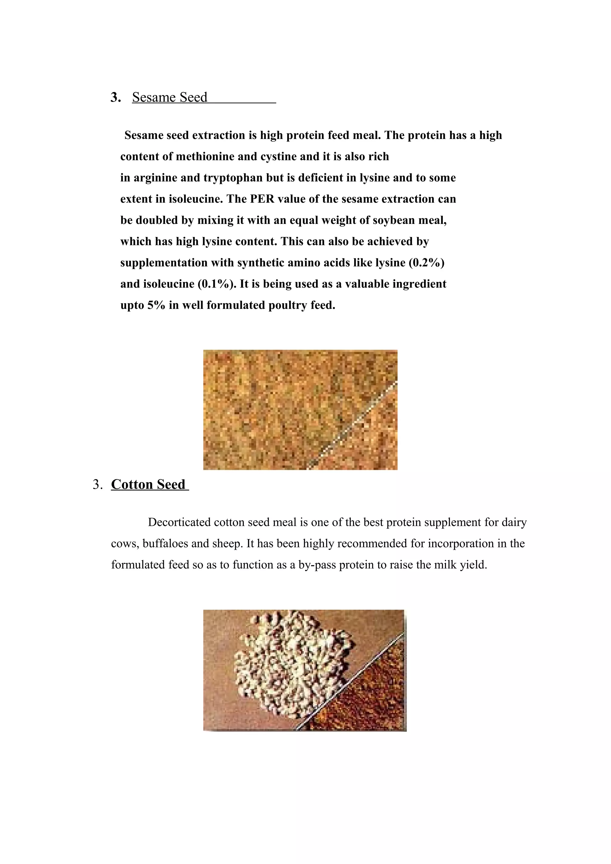 3. Sesame Seed
Sesame seed extraction is high protein feed meal. The protein has a high
content of methionine and cystine and it is also rich
in arginine and tryptophan but is deficient in lysine and to some
extent in isoleucine. The PER value of the sesame extraction can
be doubled by mixing it with an equal weight of soybean meal,
which has high lysine content. This can also be achieved by
supplementation with synthetic amino acids like lysine (0.2%)
and isoleucine (0.1%). It is being used as a valuable ingredient
upto 5% in well formulated poultry feed.
3. Cotton Seed
Decorticated cotton seed meal is one of the best protein supplement for dairy
cows, buffaloes and sheep. It has been highly recommended for incorporation in the
formulated feed so as to function as a by-pass protein to raise the milk yield.
 