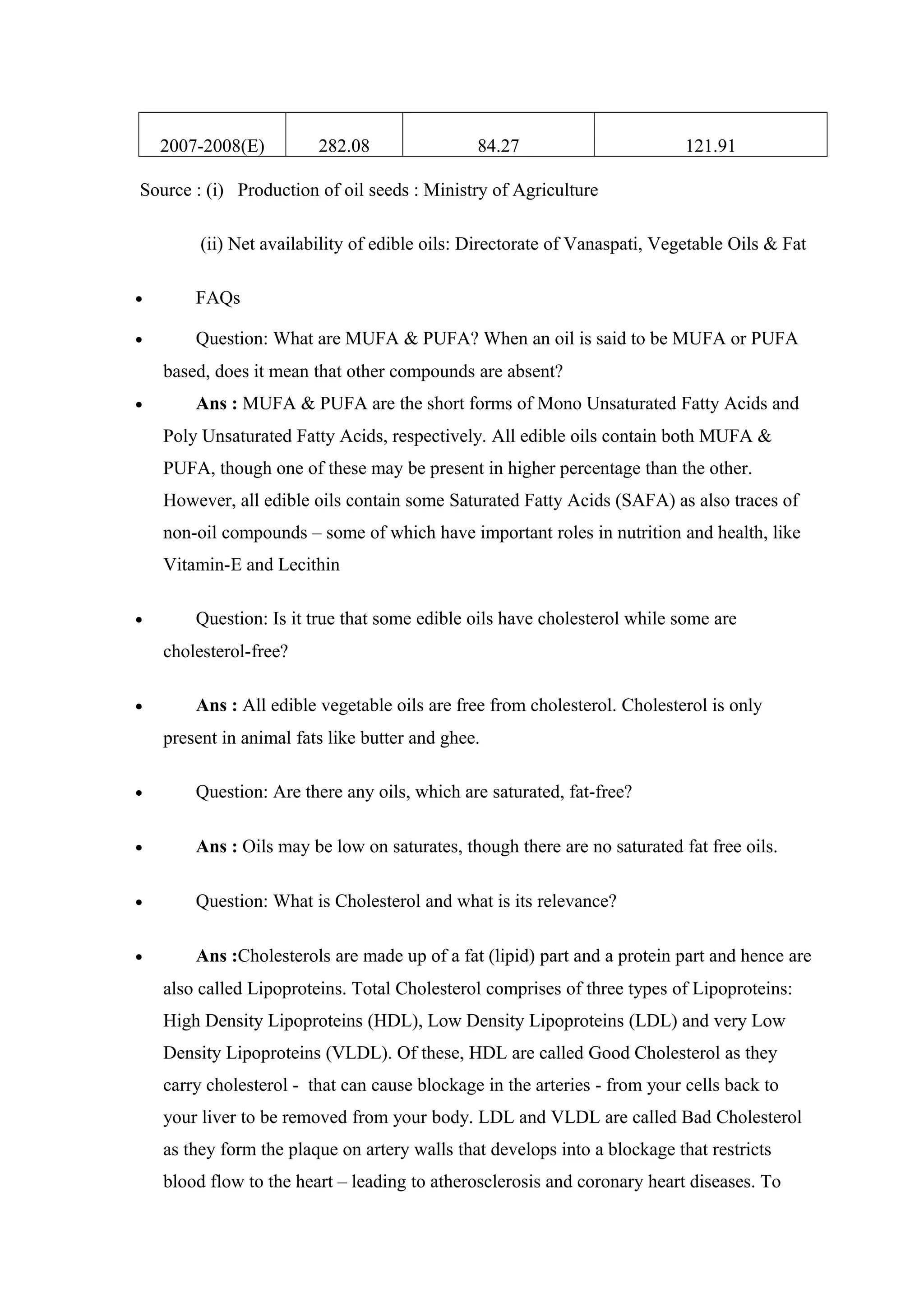 2007-2008(E) 282.08 84.27 121.91
Source : (i) Production of oil seeds : Ministry of Agriculture
(ii) Net availability of edible oils: Directorate of Vanaspati, Vegetable Oils & Fat
• FAQs
• Question: What are MUFA & PUFA? When an oil is said to be MUFA or PUFA
based, does it mean that other compounds are absent?
• Ans : MUFA & PUFA are the short forms of Mono Unsaturated Fatty Acids and
Poly Unsaturated Fatty Acids, respectively. All edible oils contain both MUFA &
PUFA, though one of these may be present in higher percentage than the other.
However, all edible oils contain some Saturated Fatty Acids (SAFA) as also traces of
non-oil compounds – some of which have important roles in nutrition and health, like
Vitamin-E and Lecithin
• Question: Is it true that some edible oils have cholesterol while some are
cholesterol-free?
• Ans : All edible vegetable oils are free from cholesterol. Cholesterol is only
present in animal fats like butter and ghee.
• Question: Are there any oils, which are saturated, fat-free?
• Ans : Oils may be low on saturates, though there are no saturated fat free oils.
• Question: What is Cholesterol and what is its relevance?
• Ans :Cholesterols are made up of a fat (lipid) part and a protein part and hence are
also called Lipoproteins. Total Cholesterol comprises of three types of Lipoproteins:
High Density Lipoproteins (HDL), Low Density Lipoproteins (LDL) and very Low
Density Lipoproteins (VLDL). Of these, HDL are called Good Cholesterol as they
carry cholesterol - that can cause blockage in the arteries - from your cells back to
your liver to be removed from your body. LDL and VLDL are called Bad Cholesterol
as they form the plaque on artery walls that develops into a blockage that restricts
blood flow to the heart – leading to atherosclerosis and coronary heart diseases. To
 