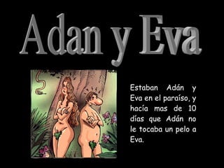 Adan y Eva Estaban Adán y Eva en el paraíso, y hacía mas de 10 días que Adán no le tocaba un pelo a Eva.  