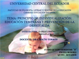 UNIVERSIDAD CENTRAL DEL ECUADOR

 FACULTAD DE FILOSOFÍA, LETRAS Y CIENCIAS DE LA EDUCACIÓN
               CARRERA EDUCACIÓN INFANTIL


 TEMA: PRINCIPIO DE INDIVIDUALIZACIÓN:
EDUCACIÓN TEMPRANA Y PREVENCIÓN DE LA
              DESIGUALDA
             INTEGRANTES: GARZA LORENA
                          SHUGULI MARIBEL

           DOCENTE: DRA. ROCÍO TORRES
 