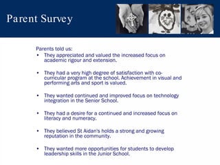 Parent Survey Parents told us: They appreciated and valued the increased focus on academic rigour and extension.  They had a very high degree of satisfaction with co-curricular program at the school. Achievement in visual and performing arts and sport is valued. They wanted continued and improved focus on technology integration in the Senior School. They had a desire for a continued and increased focus on literacy and numeracy. They believed St Aidan's holds a strong and growing reputation in the community. They wanted more opportunities for students to develop leadership skills in the Junior School. 