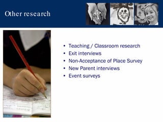 Other research Teaching / Classroom research Exit interviews Non-Acceptance of Place Survey  New Parent interviews  Event surveys 
