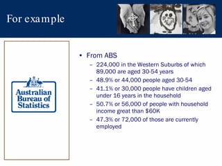 For example From ABS 224,000 in the Western Suburbs of which 89,000 are aged 30-54 years 48.9% or 44,000 people aged 30-54 41.1% or 30,000 people have children aged under 16 years in the household 50.7% or 56,000 of people with household income great than $60K 47.3% or 72,000 of those are currently employed 