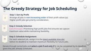 The Greedy Strategy for Job Scheduling
Arrange all jobs in non-increasing order of their profit values (pᵢ).
Higher profit jobs get priority consideration.
Step 1: Sort by Profit
Iterate through sorted jobs and select a job if and only if it can be completed by its deadline,
given the jobs already scheduled.
Step 3: Schedule Assignment
For each selected job, assign it to the latest available time slot
before its deadline to maintain maximum flexibility for future jobs.
Step 2: Greedy Selection
Core Principle: Prioritising high-profit jobs first ensures we capture
maximum value while maintaining feasibility.
 