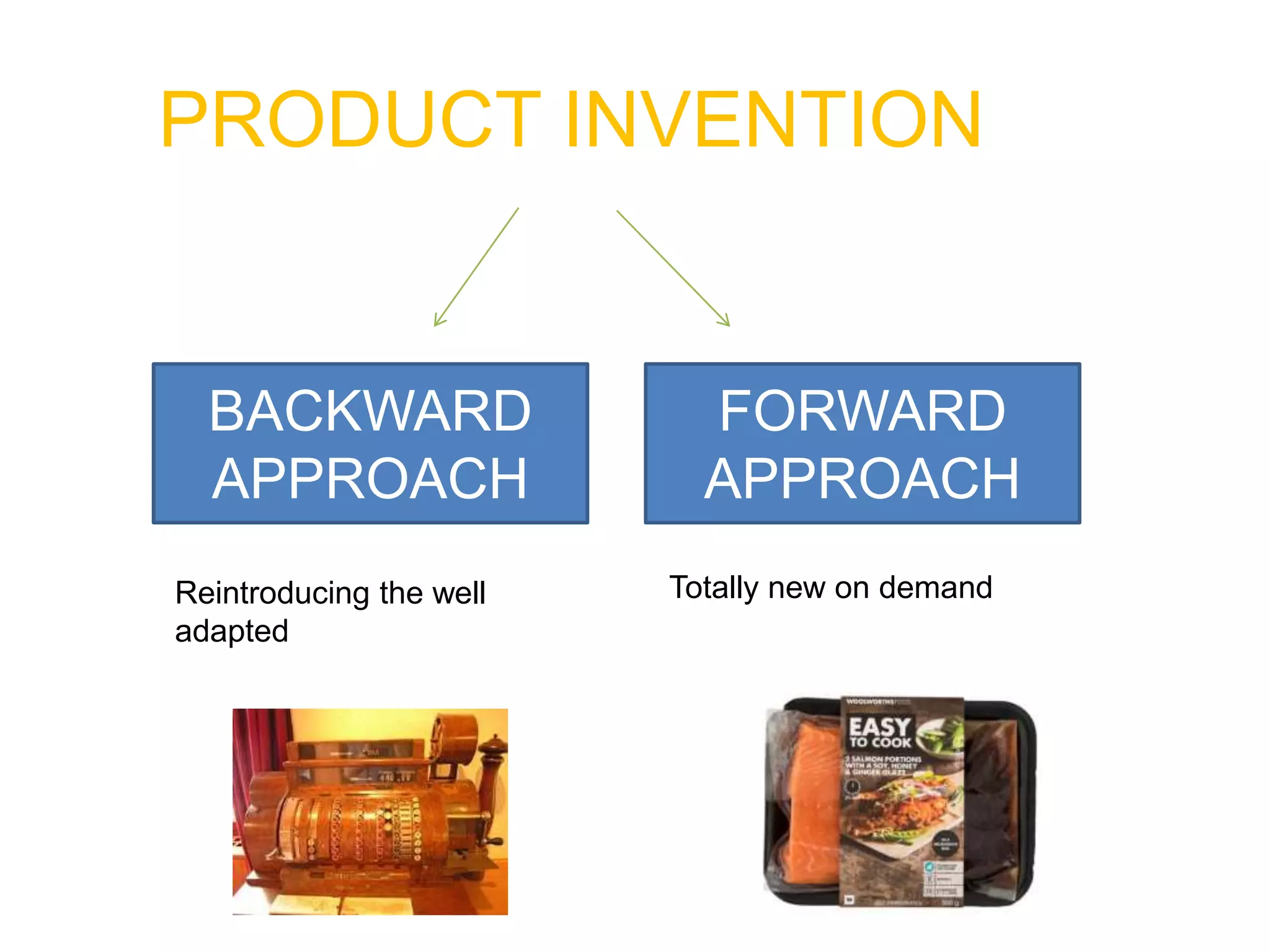 PRODUCT INVENTION
BACKWARD
APPROACH
FORWARD
APPROACH
Reintroducing the well
adapted
Totally new on demand
 
