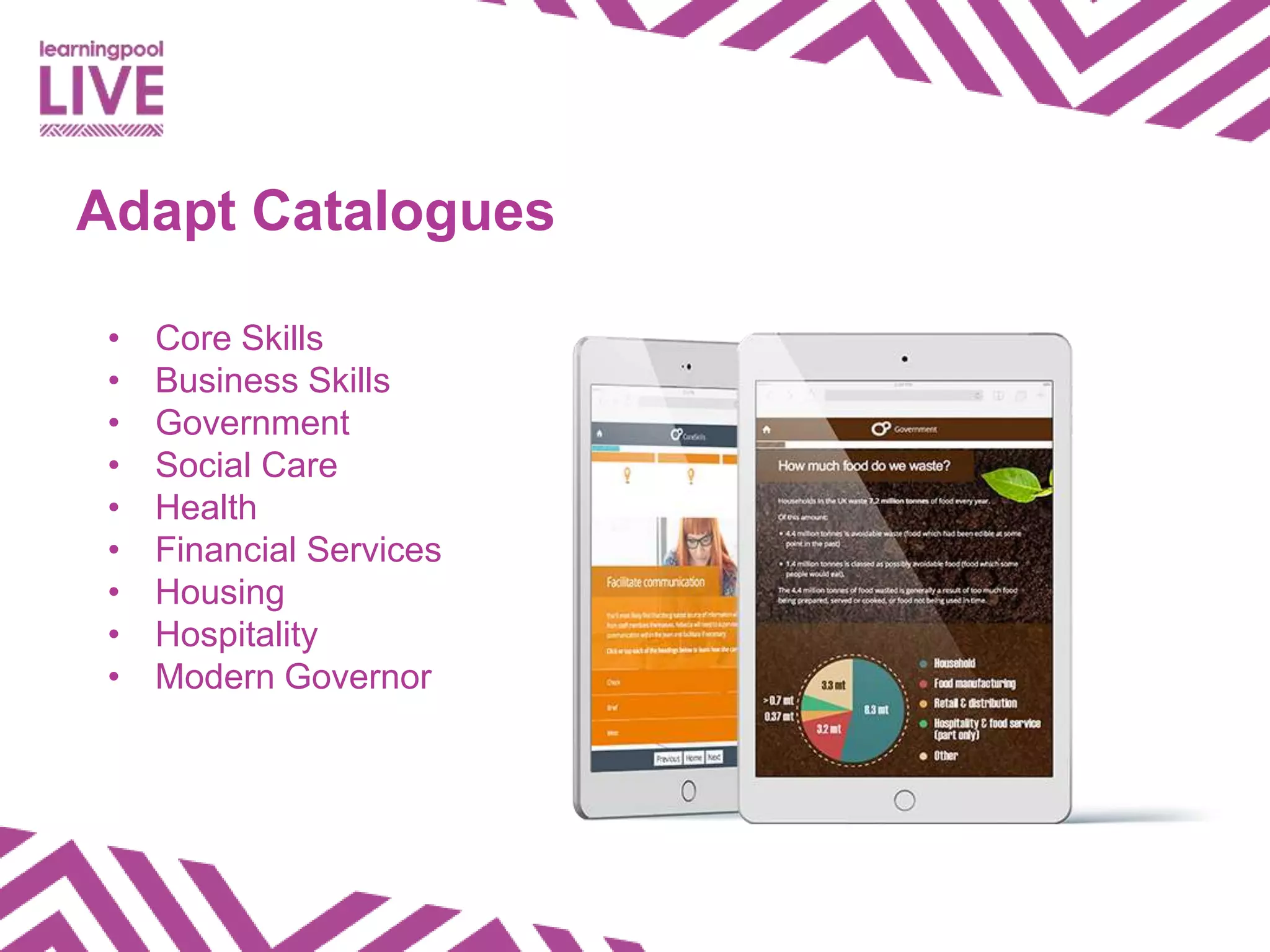 Adapt Catalogues
• Core Skills
• Business Skills
• Government
• Social Care
• Health
• Financial Services
• Housing
• Hospitality
• Modern Governor