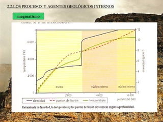 2.2.LOS PROCESOS Y AGENTES GEOLÓGICOS INTERNOS
magmatismo
origina los magmas y rocas
magmáticas
origen de los MAGMAS:
↑↑ Tª
↓↓P
por presencia de fluidos
 