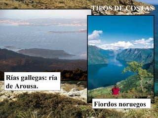 TIPOS DE COSTAS
Rías gallegas: ría
de Arousa.
Fiordos noruegos
 