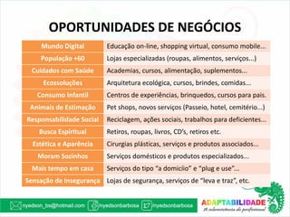 OPORTUNIDADES DE NEGÓCIOS 
Mundo Digital 
Educação on-line, shopping virtual, consumo mobile... 
População +60 
Lojas especializadas (roupas, alimentos, serviços...) 
Cuidados com Saúde 
Academias, cursos, alimentação, suplementos... 
Ecossoluções 
Arquitetura ecológica, cursos, brindes, comidas... 
Consumo Infantil 
Centros de experiências, brinquedos, cursos para pais. 
Animais de Estimação 
Pet shops, novos serviços (Passeio, hotel, cemitério...) 
Responsabilidade Social 
Reciclagem, ações sociais, trabalhos para deficientes... 
Busca Espiritual 
Retiros, roupas, livros, CD’s, retiros etc. 
Estética e Aparência 
Cirurgias plásticas, serviços e produtos associados... 
Moram Sozinhos 
Serviços domésticos e produtos especializados... 
Mais tempo em casa 
Serviços do tipo “a domicíio” e “plug e use”... 
Sensação de Insegurança 
Lojas de segurança, serviços de “leva e traz”, etc.  