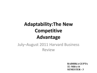 Adaptability:The New
Competitive
Advantage
July–August 2011 Harvard Business
Review
RADHIKA GUPTA
32 -MBA-14
SEMESTER - 3
 