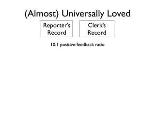(Almost) Universally Loved
    Reporter’s           Clerk’s
     Record              Record
      10:1 positive-feedback ratio
 