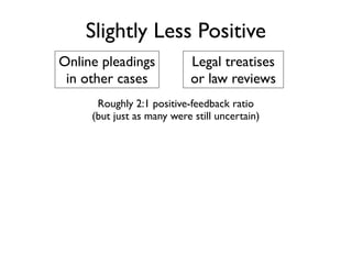Slightly Less Positive
Online pleadings           Legal treatises
 in other cases            or law reviews
      Roughly 2:1 positive-feedback ratio
     (but just as many were still uncertain)
 