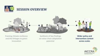 SESSION OVERVIEW
Framing climate resilience
and the linkages to green
innovation
Synthesis of key findings
on value chain adaptation
potential
Wider policy and
intervention context
across scales
 