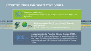 KEY INSTITUTIONS AND COOPERATIVE BODIES
Conference of Partiesꢀ
197ꢀsignatoryꢀCountries)ꢀwithꢀCMPꢀforꢀKyotoꢀProtocolꢀandꢀCMAꢀforꢀParisꢀ
Agreement.
Entities entrusted with operations of financial
mechanisms
(GreenꢀClimateꢀFund,ꢀGlobalꢀEnvironmentꢀFacility)
Intergovernmental Panel on Climate Change (IPCC):
Scientificꢀbody.ꢀItꢀreviewsꢀandꢀassesses,ꢀatꢀregularꢀintervals,ꢀtheꢀ
mostꢀrecentꢀscientific,ꢀtechnicalꢀandꢀsocioeconomicꢀinformationꢀ
producedꢀworldwide,ꢀrelevantꢀtoꢀtheꢀunderstandingꢀofꢀclimateꢀ
change.
 