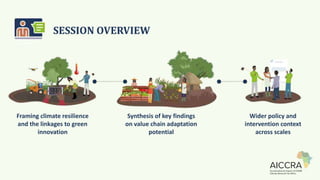 SESSION OVERVIEW
Framing climate resilience
and the linkages to green
innovation
Synthesis of key findings
on value chain adaptation
potential
Wider policy and
intervention context
across scales
 