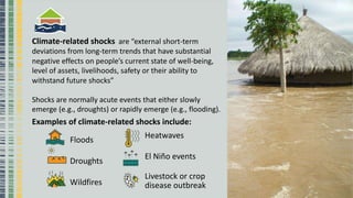 Climate-related shocks are “external short-term
deviations from long-term trends that have substantial
negative effects on people’s current state of well-being,
level of assets, livelihoods, safety or their ability to
withstand future shocks”
Shocks are normally acute events that either slowly
emerge (e.g., droughts) or rapidly emerge (e.g., flooding).
Examples of climate-related shocks include:
Heatwaves
Floods
El Niño events
Droughts
Wildfires
Livestock or crop
disease outbreak
 