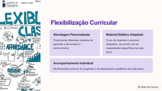 Flexibilização Curricular
Abordagem Personalizada
Proporcionar diferentes maneiras de
aprender e demonstrar o
conhecimento.
Material Didático Adaptado
O uso de materiais e recursos
adaptados, de acordo com as
necessidades específicas de cada
aluno.
Acompanhamento Individual
Monitoramento próximo do progresso e do desempenho acadêmico de cada aluno.
 