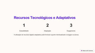 Recursos Tecnológicos e Adaptativos
1
Acessibilidade
2
Adaptação
3
Engajamento
A utilização de recursos digitais adaptados pode fornecer suporte individualizado e engajar os alunos.
 