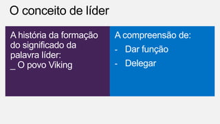 A história da formação
do significado da
palavra líder:
_ O povo Viking
A compreensão de:
- Dar função
- Delegar
 