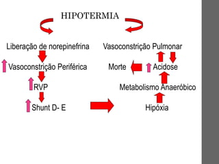 HIPOTERMIA
Liberação de norepinefrina Vasoconstrição Pulmonar
Vasoconstrição Periférica Morte Acidose
RVP Metabolismo Anaeróbico
Shunt D- E Hipóxia
 