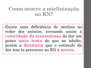 Como ocorre a mielinização
no RN?
• Existe uma deficiência de mielina ao
redor dos axônios, tornando assim a
velocidade da transmissão da dor um
pouco mais lenta do que no adulto,
porém a distância que o estímulo da
dor tem te percorrer no RN é menor.
 