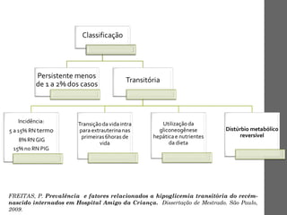 FREITAS, P. Prevalência e fatores relacionados a hipoglicemia transitória do recém-
nascido internados em Hospital Amigo da Criança. Dissertação de Mestrado. São Paulo,
2009.
 