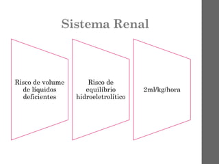 Sistema Renal
Risco de volume
de líquidos
deficientes
Risco de
equilíbrio
hidroeletrolítico
2ml/kg/hora
 