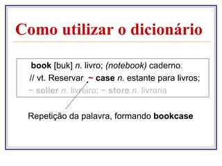 Como utilizar o dicionário

  book [buk] n. livro; (notebook) caderno;
 // vt. Reservar; ~ case n. estante para livros;
 ~ seller n. livreiro; ~ store n. livraria

 Repetição da palavra, formando bookcase
 