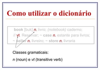 Como utilizar o dicionário

  book [buk] n. livro; (notebook) caderno;
 // vt. Reservar; ~ case n. estante para livros;
 ~ seller n. livreiro; ~ store n. livraria

 Classes gramaticais:
 n (noun) e vt (transitive verb)
 