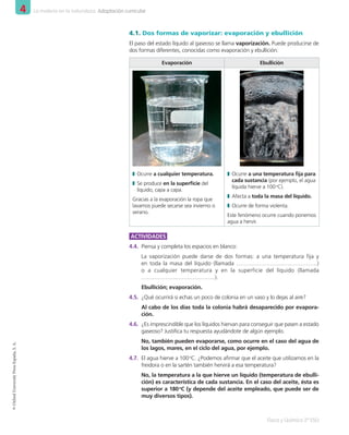 4 La materia en la naturaleza. Adaptación curricular
Física y Química 2º ESO
©
Oxford
University
Press
España,
S.
A.
4.1. Dos formas de vaporizar: evaporación y ebullición
El paso del estado líquido al gaseoso se llama vaporización. Puede producirse de
dos formas diferentes, conocidas como evaporación y ebullición:
Evaporación Ebullición
❚
❚ Ocurre a cualquier temperatura.
❚
❚ Se produce en la superficie del
líquido, capa a capa.
Gracias a la evaporación la ropa que
lavamos puede secarse sea invierno o
verano.
❚
❚ Ocurre a una temperatura fija para
cada sustancia (por ejemplo, el agua
líquida hierve a 100 o
C).
❚
❚ Afecta a toda la masa del líquido.
❚
❚ Ocurre de forma violenta.
Este fenómeno ocurre cuando ponemos
agua a hervir.
ACTIVIDADES
4.4.	 Piensa y completa los espacios en blanco:
La vaporización puede darse de dos formas: a una temperatura fija y
en toda la masa del líquido (llamada …………………………………….)
o a cualquier temperatura y en la superficie del líquido (llamada
……………….…………………).
Ebullición; evaporación.
4.5.	 ¿Qué ocurrirá si echas un poco de colonia en un vaso y lo dejas al aire?
Al cabo de los días toda la colonia habrá desaparecido por evapora-
ción.
4.6.	 ¿Es imprescindible que los líquidos hiervan para conseguir que pasen a estado
gaseoso? Justifica tu respuesta ayudándote de algún ejemplo.
No, también pueden evaporarse, como ocurre en el caso del agua de
los lagos, mares, en el ciclo del agua, por ejemplo.
4.7.	 El agua hierve a 100 o
C. ¿Podemos afirmar que el aceite que utilizamos en la
freidora o en la sartén también hervirá a esa temperatura?
No, la temperatura a la que hierve un líquido (temperatura de ebulli-
ción) es característica de cada sustancia. En el caso del aceite, ésta es
superior a 180 
o
C (y depende del aceite empleado, que puede ser de
muy diversos tipos).
001_020_LPAC_FYQ2_Unidad_04.indd 10 19/02/16 09:22
 