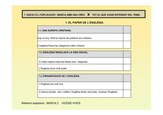 7. ESCOLTA L’EXPLICACIÓ I MARCA AMB UNA CREU                  x    TOT EL QUE VAGIS ENTENENT DEL TEMA.


                                        1. EL PAPER DE L’ESGLÉSIA

            1.1. UNA EUROPA CRISTIANA


            Cap a l’any 1000 la majoria de població era cristiana


            L’església fixava les obligacions dels cristians

             1.L’ESGLÉSIA REGULAVA LA VIDA SOCIAL



             A l’edat mitjana totes les festes eren religioses.

             L’Església tenia molt poder


             1.L’ORGANITZACIÓ DE L’ESGLÉSIA


             L’Església era molt rica


             A l’època feudal, reis i nobles i Església lluiten pel poder. Guanya l’Església.



Referent adaptació : MARCA 2        VICENS VIVES
 