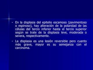 - En la displasia del epitelio escamoso (pavimentoso
o espinoso), hay alteración de la polaridad de las
células del tercio inferior hasta el tercio superior
según se trate de la displasia leve, moderada o
severa, respectivamente.
- La displasia es una lesión reversible pero cuanto
más grave, mayor es su semejanza con el
carcinoma.
 