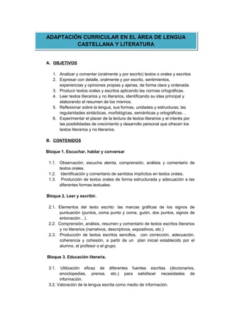 A. OBJETIVOS
1. Analizar y comentar (oralmente y por escrito) textos o orales y escritos
2. Expresar con detalle, oralmente y por escrito, sentimientos,
experiencias y opiniones propias y ajenas, de forma clara y ordenada.
3. Producir textos orales y escritos aplicando las normas ortográficas.
4. Leer textos literarios y no literarios, identificando su idea principal y
elaborando el resumen de los mismos.
5. Reflexionar sobre la lengua, sus formas, unidades y estructuras; las
regularidades sintácticas, morfológicas, semánticas y ortográficas…
6. Experimentar el placer de la lectura de textos literarios y el interés por
las posibilidades de crecimiento y desarrollo personal que ofrecen los
textos literarios y no literarios.
B. CONTENIDOS
Bloque 1. Escuchar, hablar y conversar
1.1. Observación, escucha atenta, comprensión, análisis y comentario de
textos orales.
1.2. Identificación y comentario de sentidos implícitos en textos orales.
1.3. Producción de textos orales de forma estructurada y adecuación a las
diferentes formas textuales.
Bloque 2. Leer y escribir.
2.1. Elementos del texto escrito: las marcas gráficas de los signos de
puntuación (puntos, coma punto y coma, guión, dos puntos, signos de
entonación…).
2.2. Comprensión, análisis, resumen y comentario de textos escritos literarios
y no literarios (narrativos, descriptivos, expositivos, etc.)
2.3. Producción de textos escritos sencillos, con corrección, adecuación,
coherencia y cohesión, a partir de un plan inicial establecido por el
alumno, el profesor o el grupo.
Bloque 3. Educación literaria.
3.1. Utilización eficaz de diferentes fuentes escritas (diccionarios,
enciclopedias, prensa, etc.) para satisfacer necesidades de
información.
3.2. Valoración de la lengua escrita como medio de información.
ADAPTACIÓN CURRICULAR EN EL ÁREA DE LENGUA
CASTELLANA Y LITERATURA
 