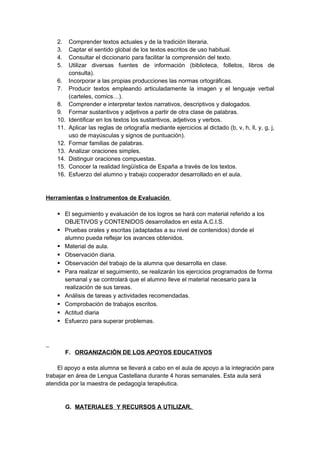 2. Comprender textos actuales y de la tradición literaria.
3. Captar el sentido global de los textos escritos de uso habitual.
4. Consultar el diccionario para facilitar la comprensión del texto.
5. Utilizar diversas fuentes de información (biblioteca, folletos, libros de
consulta).
6. Incorporar a las propias producciones las normas ortográficas.
7. Producir textos empleando articuladamente la imagen y el lenguaje verbal
(carteles, comics…).
8. Comprender e interpretar textos narrativos, descriptivos y dialogados.
9. Formar sustantivos y adjetivos a partir de otra clase de palabras.
10. Identificar en los textos los sustantivos, adjetivos y verbos.
11. Aplicar las reglas de ortografía mediante ejercicios al dictado (b, v, h, ll, y, g, j,
uso de mayúsculas y signos de puntuación).
12. Formar familias de palabras.
13. Analizar oraciones simples.
14. Distinguir oraciones compuestas.
15. Conocer la realidad lingüística de España a través de los textos.
16. Esfuerzo del alumno y trabajo cooperador desarrollado en el aula.
Herramientas o Instrumentos de Evaluación
 El seguimiento y evaluación de los logros se hará con material referido a los
OBJETIVOS y CONTENIDOS desarrollados en esta A.C.I.S.
 Pruebas orales y escritas (adaptadas a su nivel de contenidos) donde el
alumno pueda reflejar los avances obtenidos.
 Material de aula.
 Observación diaria.
 Observación del trabajo de la alumna que desarrolla en clase.
 Para realizar el seguimiento, se realizarán los ejercicios programados de forma
semanal y se controlará que el alumno lleve el material necesario para la
realización de sus tareas.
 Análisis de tareas y actividades recomendadas.
 Comprobación de trabajos escritos.
 Actitud diaria
 Esfuerzo para superar problemas.
F. ORGANIZACIÓN DE LOS APOYOS EDUCATIVOS
El apoyo a esta alumna se llevará a cabo en el aula de apoyo a la integración para
trabajar en área de Lengua Castellana durante 4 horas semanales. Esta aula será
atendida por la maestra de pedagogía terapéutica.
G. MATERIALES Y RECURSOS A UTILIZAR.
 