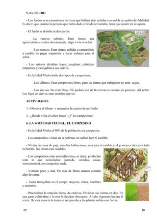 DC 10 
5. EL FEUDO 
- Los feudos eran extensiones de tierra que habían sido cedidas a un noble a cambio de fidelidad. Es decir, que cuando la persona que había dado el feudo le llamaba, tenía que acudir en su ayuda. 
- El feudo se dividía en dos partes: 
.La reserva señorial. Eran tierras que aprovechaba el señor directamente. Aquí vivía el señor. 
. Los mansos. Eran tierras cedidas a campesinos a cambio de pagar impuestos y hacer trabajos para el señor. 
- Los señores dictaban leyes, juzgaban, cobraban impuestos y castigaban a sus siervos. 
- En la Edad Media había dos tipos de campesinos: 
. Los villanos. Eran campesinos libres, pero las tierras que trabajaban no eran suyas. 
. Los siervos. No eran libres. No podían irse de las tierras ni casarse sin permiso del señor. Los hijos de siervos eran también siervos. 
ACTIVIDADES 
1.- Observa el dibujo y encuentra las partes de un feudo. 
2.- ¿Dónde vivía el señor feudo? ¿Y los campesinos? 
6. LA SOCIEDAD FEUDAL. EL CAMPESINO 
- En la Edad Media el 90% de la población era campesina. 
- Los campesinos vivían en la pobreza, no sabían leer ni escribir. 
- Vivían en casas de paja, con dos habitaciones, una para el establo y el granero y otra para toda la familia. No tenían casi muebles. 
- Los campesinos eran autosuficientes, es decir, producían todo lo que necesitaban (comida, vestidos, casas, instrumentos), no compraban nada. 
- Comían poco y mal. En días de fiesta cuando comían algo de carne. 
- Todos trabajaban en el campo: mujeres, niños, hombres y ancianos. 
- Practicaban la rotación bienal de cultivos. Dividían sus tierras en dos. En una parte cultivaban y la otra la dejaban descansar. Al año siguiente hacían al revés. De esta manera la tierra se recuperaba y las plantas salían con fuerza.  