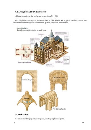 DC 13 
9. LA ARQUITECTURA ROMÁNICA 
- El arte románico se dio en Europa en los siglos XI y XII. 
- La religión era un aspecto fundamental de la Edad Media, por lo que el románico fue un arte fundamentalmente religioso. Encontramos iglesias, catedrales, monasterios. 
ACTIVIDADES 
1.- Observa el dibujo y dibuja la iglesia, señala y explica sus partes.  