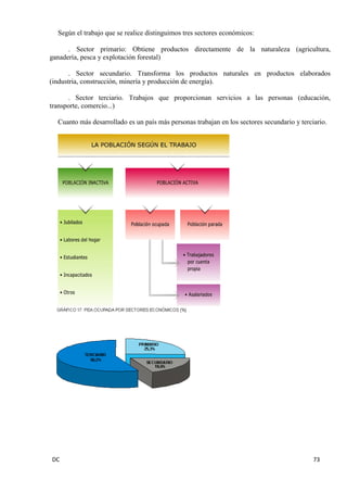 DC 73 
Según el trabajo que se realice distinguimos tres sectores económicos: 
. Sector primario: Obtiene productos directamente de la naturaleza (agricultura, ganadería, pesca y explotación forestal) 
. Sector secundario. Transforma los productos naturales en productos elaborados (industria, construcción, minería y producción de energía). 
. Sector terciario. Trabajos que proporcionan servicios a las personas (educación, transporte, comercio...) 
Cuanto más desarrollado es un país más personas trabajan en los sectores secundario y terciario. 
 