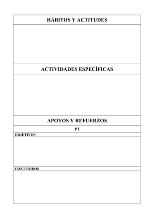 HÁBITOS Y ACTITUDES
ACTIVIDADES ESPECÍFICAS
APOYOS Y REFUERZOS
PT
OBJETIVOS
CONTENIDOS
 