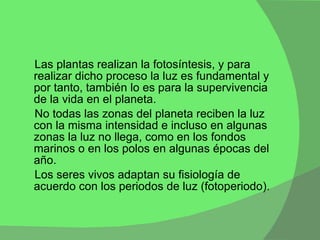 Las plantas realizan la fotosíntesis, y para realizar dicho proceso la luz es fundamental y por tanto, también lo es para la supervivencia de la vida en el planeta. No todas las zonas del planeta reciben la luz con la misma intensidad e incluso en algunas zonas la luz no llega, como en los fondos marinos o en los polos en algunas épocas del año. Los seres vivos adaptan su fisiología de acuerdo con los periodos de luz (fotoperiodo). 