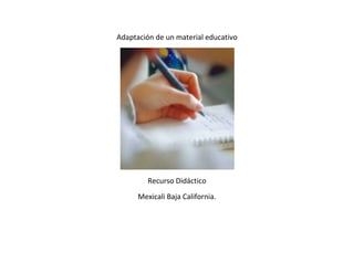 Adaptación de un material educativo<br />Recurso Didáctico<br />Mexicali Baja California.<br />LECTURA EXPRESION ORAL Y ESCRITA 2<br />¿QUÉ ES LA ORTOGRAFÍA?<br />ORTO: Prefijo que significa correcto, recto, como debe ser.<br />GRAFÍA: Letras o signos que se emplean para poder representar sonidos.<br />ORTOGRAFÍA: Es la parte de la Gramática que estudia el correcto uso al escribir de las letras, acentos, mayúsculas y signos auxiliares de escritura, para poder ser comprendidos e interpretados correctamente cuando se lean.<br />Puntuación (Acentos)-Generalidades -Palabras agudas-Palabras llanas-Palabras esdrújulas y sobresdrújulas-Diptongos-Triptongos-Hiatos-Monosílabos-Palabras interrogativas y exclamativas-Palabras compuestas-Demostrativos-AdverbiosMayúsculas-ReglasLetras-B-V-H-G, J-X, S-Y, I, LL-Z, C, K, Q-D, Z finales-R, RR-M, N-Abecedario <br />ACENTOS Y REGLAS DE PUNTUACIÓN:<br />-Generalidades -Palabras agudas-Palabras llanas-Palabras esdrújulas y sobresdrújulas-Diptongos-Triptongos-Hiatos-Monosílabos-Palabras interrogativas y exclamativas-Palabras compuestas-Demostrativos-Adverbios<br /> <br />Generalidades:El acento es la mayor intensidad de voz cuando pronunciamos una palabra en una sílaba.La tilde es el signo (raya) que se pone en algunas palabras, encima de la vocal que tiene el acento, según las normas de acentuación<br />Palabras Agudas:Llevan tilde todas las palabras agudas que terminen en n, s, o vocal excepto las monosílabas y las que la n y s vayan precedidas de otra consonante (Ej.: Canals).Cuando la palabra aguda termina en un diptongo o triptongo acabado en y, esta se considera como consonante. (Ej.: convoy).<br /> <br />Palabras Llanas:Se pondrá tilde a las palabras llanas que no terminan ni en n, ni en s, ni en vocal, excepto si la s final va recedida de consonante, que sí se acentuará (Ejemplo: fórceps).<br />Palabras esdrújulas y sobresdrújulas:<br />Se pondrá tilde siempre a las palabras esdrújulas y sobresdrújulas<br />Diptongo<br />Diptongo son dos vocales unidas que forman una sílaba.Estas llevan tilde según las reglas ortográficas.<br />Los diptongos y triptongos que acaban en y no se acentúan.Triptongo<br />Triptongo son tres vocales unidas que forman una sílaba.Estas llevan tilde según las reglas ortográficas.Los diptongos y triptongos que acaban en y no se acentúan.Hiátos<br />Hiato es la cuando dos vocales están juntas en una misma palabra pero no forman una misma sílaba.cuando en el hiato coinciden las vocales abiertas - a, e, o - se siguen las reglas ortográficas. Si las vocales son i, u llevan siempre tilde. Monosílabos<br /> Los monosílabos no llevan tilde, excepto aquellas palabras que son homófonas y se tilda una para diferenciarla por su distinta función gramatical de la otra.<br /> Palabras interrogativas y exclamativas<br />Se pondrá tilde a las palabras qué, quién, quiénes, cómo, dónde, adónde, cuándo, cuanto, cuanta, cuantas, cuantos, cuando son exclamativas o interrogativas. Palabras compuestas<br />Las palabras compuestas que se escriben como un sola se acentúan y/o tildan como una sola.Cuando las palabras compuestas se escriben unidas por un guión, ambas palabras conservan su acento y/o tilde.<br /> El verbo que lleva tilde y que se le añade un pronombre conserva esta (Ejemplo: dáme - dámelo).<br />Demostrativos<br />El uso de la tilde no es obligatorio cuando no hay posibilidad de confusión por ambigüedad.<br />Los demostrativos éste, ése, aquél y sus plurales y femeninos, llevan tilde cuando son pronombres.Las formas neutras no llevan acento.<br />Adverbios<br />Los adverbios acabados en -mente llevan tilde cuando la lleva el adjetivo del que procede. La palabra solo se acentúa cuando se puede sustituir por solamente.<br />El uso de la tilde no es obligatorio cuando no hay posibilidad de confusión por ambigüedad.<br />BSe escribe con b ante cualquier consonante, como blando, branquia, abdicación.<br />Se escribe con b los verbos en infinitivo que acaben en -ber, -bir, -buir, excepto hervir, servir, vivir, precaver, volver, llover.<br />Se escriben con b las terminaciones verbales-aba, -bas, -abamos, -abais, -aban,-iba, -ibas, -ibamos, -ibais, iban.<br />Se escriben con b las palabras que empiezan porbibl-, bu-, bur-, bus-.<br />Se escriben con b las palabras que acaban en -bilidad, -bundo, -bunda, excepto movilidad y civilidad.<br />Se escriben con b las palabras que empiezan por bid-, bis-, biz-.<br />Se escriben con b las palabras que empiezan por ha, he, hi, ho, hu.<br />Se escriben con b las palabras que empiezan por ra, re, ri, ro, ru<br />VSe escribe con v todas las palabras que empiezan por ad-, como Adviento.<br />Se escribe con v todas las palabras que empiezan por vice-, villa-, villar-, como Viceadmirante, Villanueva, Villarejo.<br />Se escriben con v las formas verbales de los verbos que no tienen en el infinitivo ni v ni b, a excepción del pretérito imperfecto de indicativo.<br />Se escriben con v los adjetivos terminados en -ava, --avo, -iva, ivo, -eva, -evo.<br /> <br />Se escriben con v las terminaciones -ave, -avo, -eve, -evo, -iva, -ivo de los adjetivos llanos, como nocivo/a, saliva, ... <br /> <br />HSe escriben con h inicial las palabras que empiezan por hie- y hue-. (Ejemplo: hiel, hueso).<br />Se escriben con h las palabras que empiezan por hidr-, hiper- e hipo- (Ejemplo: hidrato, hipertensión, hipotenusa)<br />Se escriben con h las palabras derivadas y compuestas que ya lo tienen (Ejemplo: hielo - deshielo) excepto las palabras que comienzan por hue- (Ejemplo: huérfano - orfanato)<br />Se escribe con h cuando la palabra empieza por hum+vocal (Ejemplo: humedad). <br />Si a la sílaba um- le sigue una consonante, no lleva h. (Ejemplo: umbral). <br />Se escriben con h todas las formas verbales de haber, hablar, hallar, habitar.<br /> <br /> <br />Algunas veces la h sirve para distinguir palabras homófonas de significado distinto: a: preposición (Ejemplo: vamos a la calle).ha: verbo haber (Ejemplo: Manuel ha venido)¡ah!: interjección (Ejemplo: ¡Ah! sí.)ahí: adverbio de lugar (Ejemplo: ¿Estas ahí?¡ay!: interjección (¿Ay!, como duele).hay: verbo haber (¿Hay pan?)e: conjunción (Ejemplo: hablo francés e inglés)¡he!: interjección (Ejemplo: ¡Eh!, ven aquí.he: presente del indicativo del verbo haber (Ejemplo: He venido deprisa).echo: verbo echar (Ejemplo: ¿Te echo azúcar?)hecho: verbo hacer (Ejemplo: Esto ya está hecho).Existen muchas más palabras que se ven afectada por esta norma como: azahar, azar, abría, habría, hasta, asta, hice, icé, hojear, ojear, ola, hola,  ...<br /> <br />Se escriben con h todas los prefijos de origen griego y latín: hecto/a- (cien), hem- (sangre), hemi- (medio), hepta- (siete), hetero- (diferente), hexa- (seis), homo- (el mismo).<br /> <br /> <br />G, JSe escriben con g todas la palabras que empiezan por geo- y gest- (Ejemplo: geografía, gesto)<br />Se escriben con g los verbos terminados en -ger o -gir, así como todas sus formas verbales excepto las que suenan ja y jo.<br />Se exceptúan los verbos tejer y crujir.<br />Se escriben con g las palabras que terminan en -gen, excepto aquellos verbos que llevan j en su infinitivo (Ej.: arroje).<br />Para que la u de güe y güi se pronuncie necesita llevar la diéresis (¨).<br />Se escriben con j las palabras que empiezan por aje- y eje-, como ajeno y ejecutivo, excepto agente, agenda y agencia.<br />Se escriben con j los tiempos verbales que no llevan g, ni j en el infinitivo, como conducir - conduje.<br />Se escriben con j los tiempos de los verbos que llevan j en el infinitivo, como tejer - tejía.<br />Se escriben con j las terminaciones -jero, -jera, -jería, -aje y -eje, excepto ligero, flamígero y ambages.<br />X, S<br />Se escriben con x las palabras que llevan los prefijos ex- (fuera de) y extra- (por encima de o fuera de)<br />Se escriben con x los elementos de origen griego y latino que significan seis (hexa-, sex-, sexa-, sext-).<br />Se escriben con x las palabras que comienzan por  exh- (Ejemplo: exhortar).<br />Y, I, LL<br />Cuando acaba una palabra en diptongo o triptongo, se escribe y al final de esta, en sonido vocálico i, como rey. <br />Siempre se escribe y la conjunción (Pedro y Luis van al cine). <br />Cuando los infinitivos de los verbos no tienen ni y ni ll, las formas verbales se escriben con y. <br />Se escribe ll las terminaciones en -illo, -illa, -illos, -illas. <br />Z, C, K, Q<br />El sonido k se representa por las letras c, k y qu:<br />Este sonido delante de las vocales a, o, u se escribe c: ca, co, cu (Ejemplo: caramelo, copa, cura). Algunas veces se emplea la k, como karate.<br />Este sonido delante de e, i se escribe con qu: que, qui (Ejemplo: queso, quinto).<br />El sonido z, se representa por las letras c y z.<br />Este sonido delante de a, o, u, se escribe con z (Ejemplo: zapato, zona, zurdo)<br />Este sonido delante de e, i, se escribe con c (Ejemplo: cerilla, ciruela), excepto Ezequiel, zigzaguear, ... <br />Se escribe con cc las palabras que al formar la familia léxica se transforma en ct.<br />Antes de c y t, se escribe c. (Ejemplo: directo, dirección).<br />Todas las palabras en singular que acaban en z forman su plural en -ces (Ejemplo: niñez - niñeces)<br />Todas las palabras en singular que acaban en d forman su plural en des (Ejemplo: usted - ustedes)<br />D, Z finales<br />La palabra termina en z si al formar el final de la misma se sustituye por c. (Ej.: nuez - nueces)<br />La palabra termina en d si al formar el final de las misma continua la d. (Ej.: pared - paredes).<br />R, RR<br />El sonido suave se escribe r. (Ejemplo: aroma)<br />rr entre vocales (Ejemplo: carro). <br />r al principio de palabra (Ejemplo: rico). <br />r después de n, s, o l (Ejemplo: enredar, desratizar, alrededor). <br />r después del prefijo sub-, ab- y post- (Ejemplo: subrealista). <br />R, RR<br />Se escribe siempre m ante de p y b.<br />Abecedario<br />A, B, C, CH, D, E, F, G, H, I, J, K, L, LL, M, N, Ñ, O, P, Q, R, S, T, U, V, W, X, Y, Z         a, b, c, ch, d, e, f, g, h, i, j, k, l, ll, m, n, ñ, o, p, q, r, s, t, u, v, w, x, y, z<br />