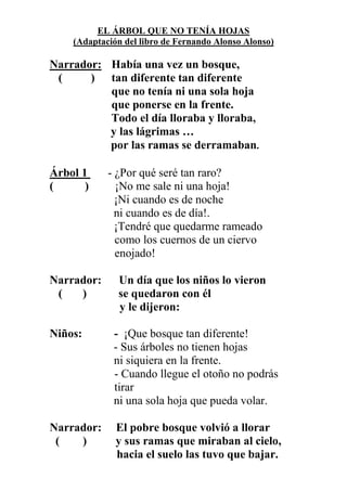EL ÁRBOL QUE NO TENÍA HOJAS
(Adaptación del libro de Fernando Alonso Alonso)

Narrador: Había una vez un bosque,
(
) tan d...