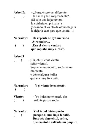 Árbol 2:
(
)

- ¿Porqué seré tan diferente,
tan raro y tan sorprendente?.
¡Si solo una hoja tuviera
la cuidaría en primave...