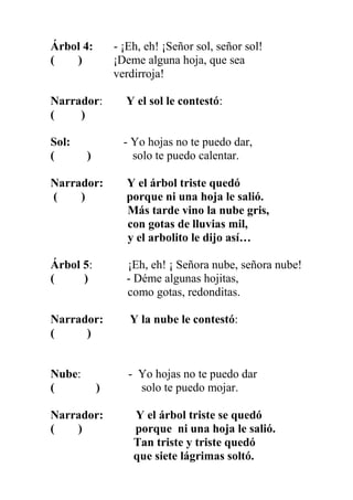 Árbol 4:
(
)

- ¡Eh, eh! ¡Señor sol, señor sol!
¡Deme alguna hoja, que sea
verdirroja!

Narrador:
(
)

Y el sol le contest...