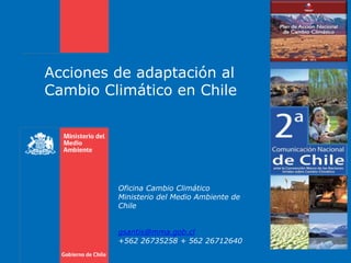 Acciones de adaptación al 
Cambio Climático en Chile 
Oficina Cambio Climático 
Ministerio del Medio Ambiente de 
Chile 
gsantis@mma.gob.cl 
+562 26735258 + 562 26712640 
 