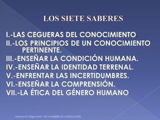 LOS SIETE SABERESI.-LAS CEGUERAS DEL CONOCIMIENTO.II.-LOS PRINCIPIOS DE UN CONOCIMIENTO         	PERTINENTE.III.-ENSEÑAR LA CONDICIÓN HUMANA.IV.-ENSEÑAR LA IDENTIDAD TERRENAL.V.-ENFRENTAR LAS INCERTIDUMBRES.VI.-ENSEÑAR LA COMPRENSIÓN.VII.-LA ÉTICA DEL GÉNERO HUMANOAdaptación Edgar Morin  LOS VII SABERES DE LA EDUCACIÓN 